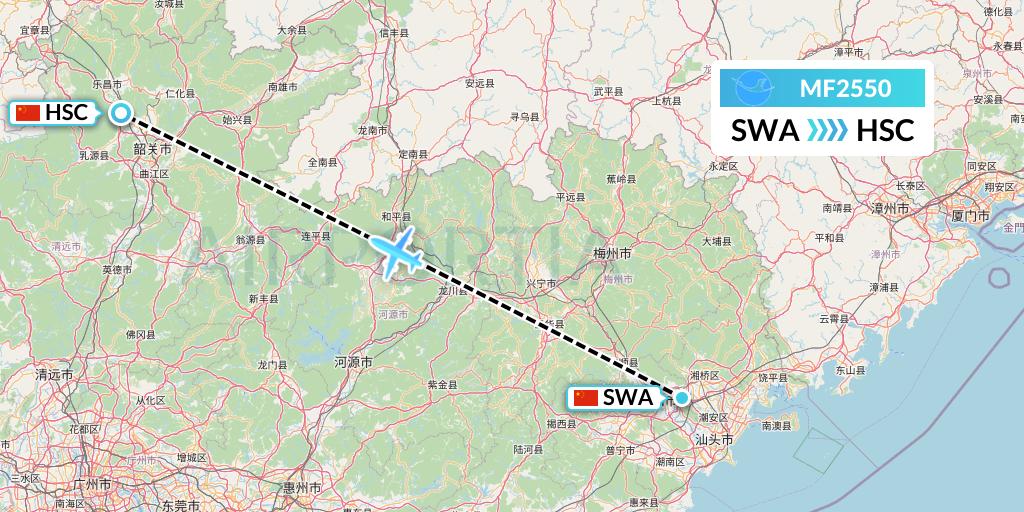 MF2550 Xiamen Airlines Flight Map: Jieyang to Shaoguan