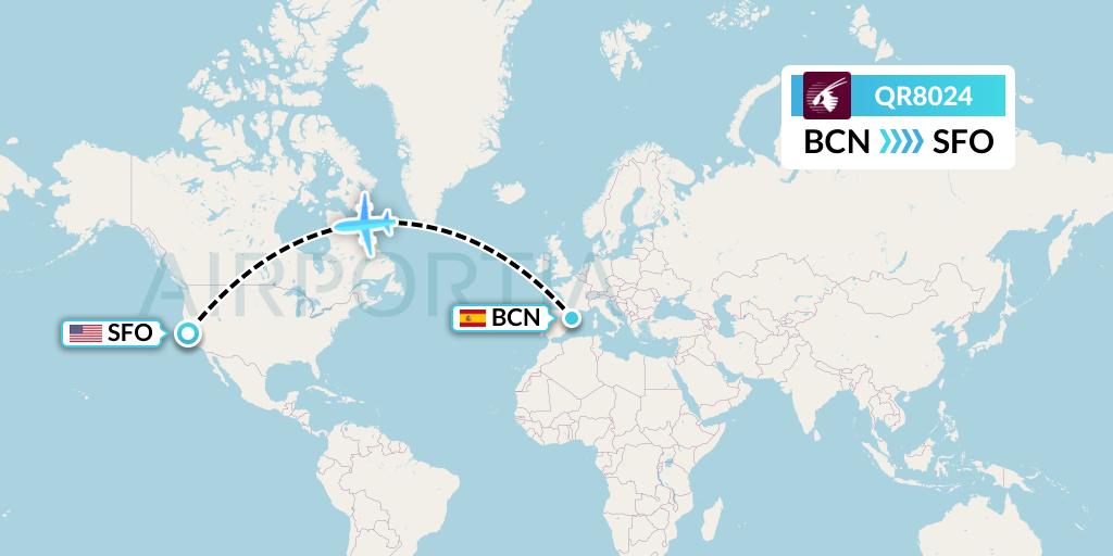 QR8024 Qatar Airways Flight Map: Barcelona to San Francisco