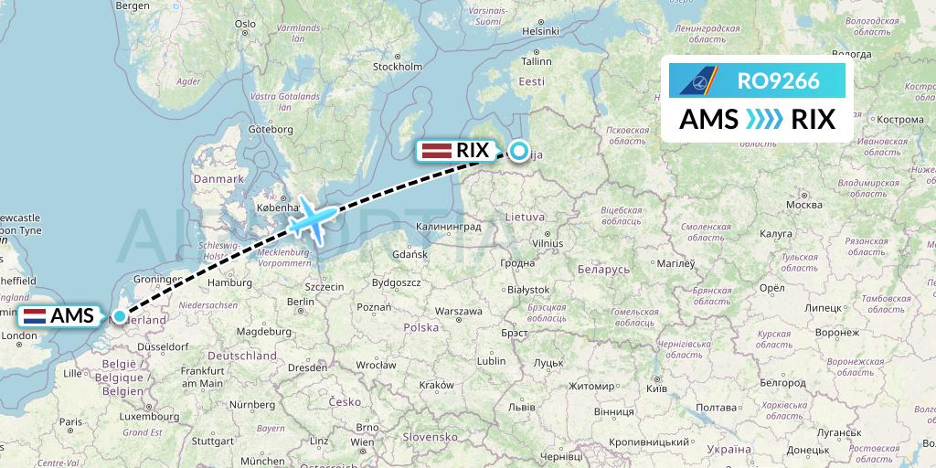 RO9266 Tarom Flight Map: Amsterdam to Riga