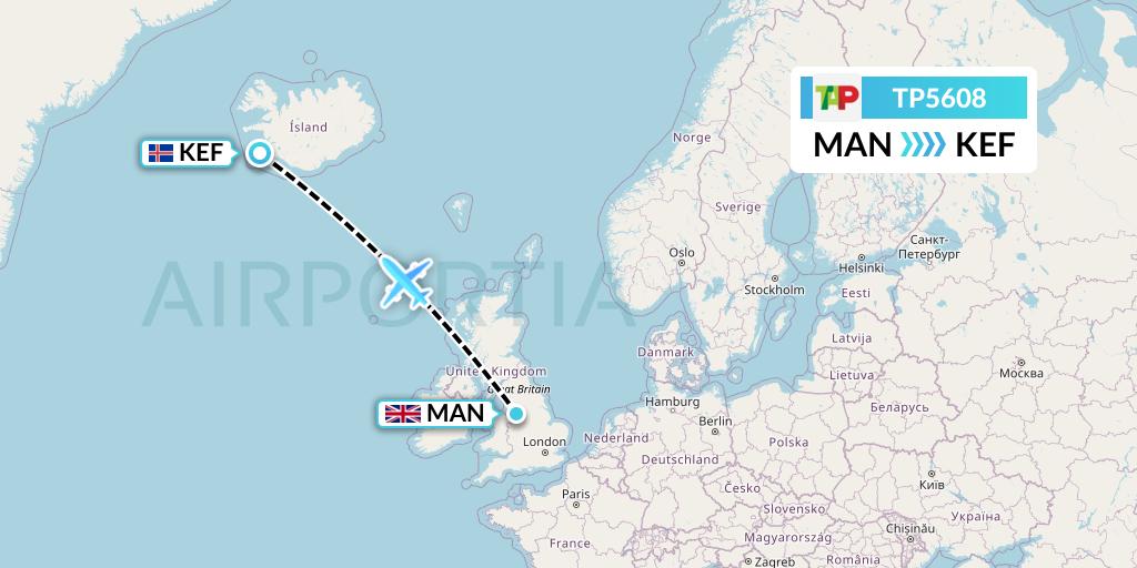 TP5608 TAP Portugal Flight Map: Manchester to Reykjavik