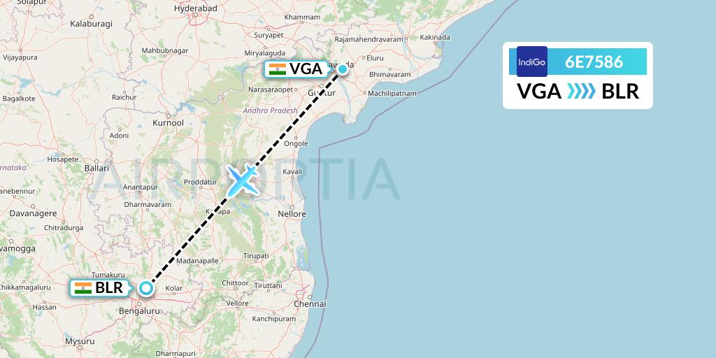 6E7586 IndiGo Airlines Flight Map: Vijayawada to Bangalore