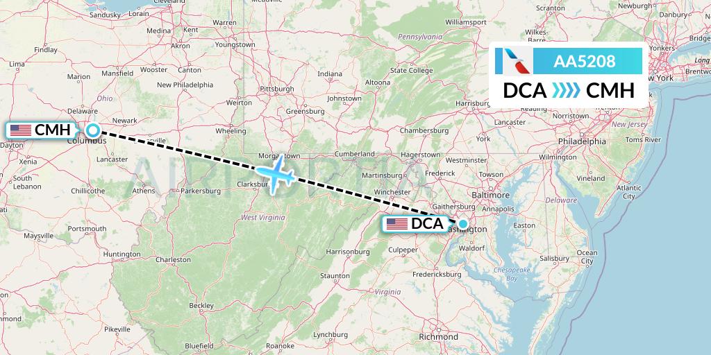 AA5208 American Airlines Flight Map: Washington to Columbus