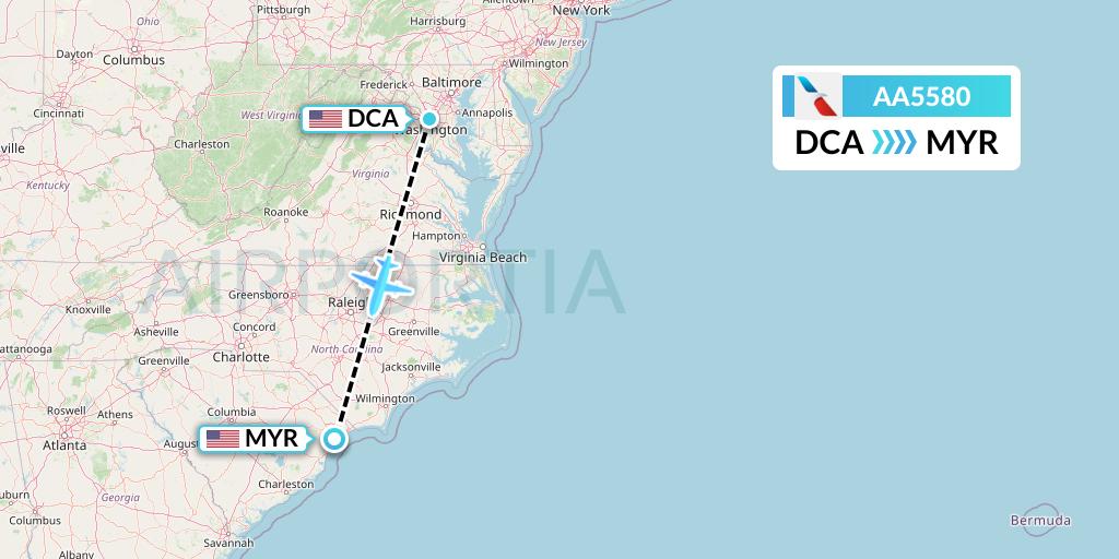 AA5580 American Airlines Flight Map: Washington to Myrtle Beach