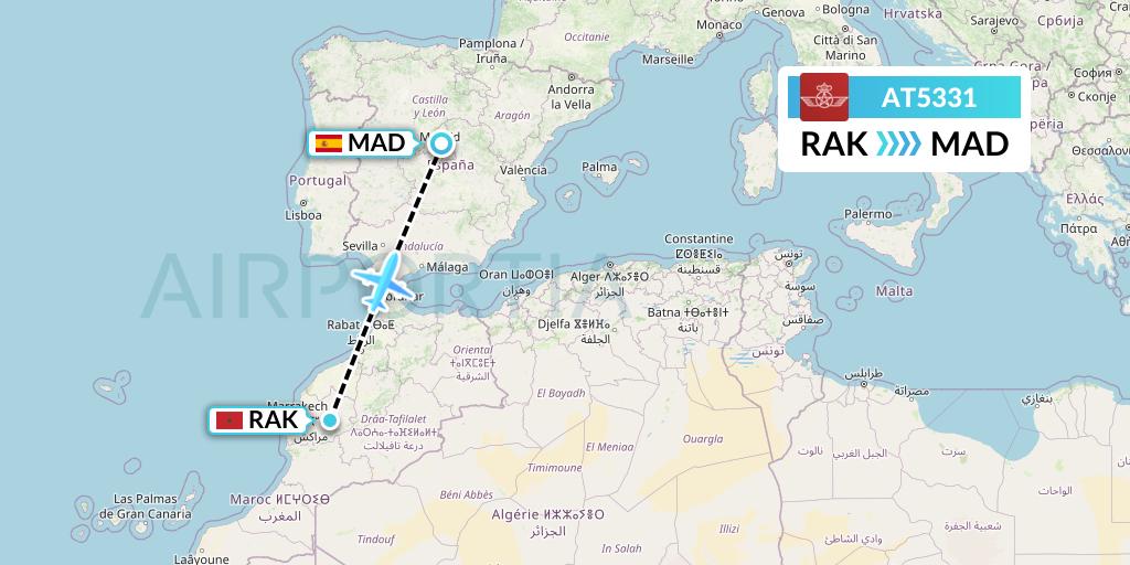 AT5331 Royal Air Maroc Flight Map: Marrakesh to Madrid