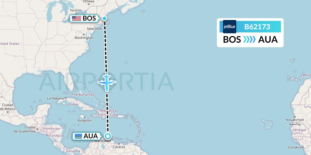 B62173 JetBlue Airways Flight Map: Boston to Oranjestad