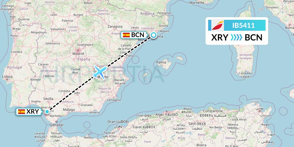 IB5411 Iberia Flight Map: Jerez to Barcelona