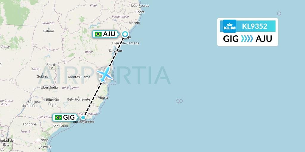 KL9352 KLM Flight Map: Rio de Janeiro to Aracaju