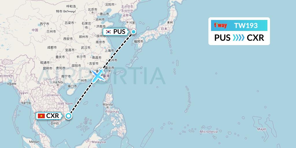 TW193 T'way Air Flight Map: Busan to Nha Trang