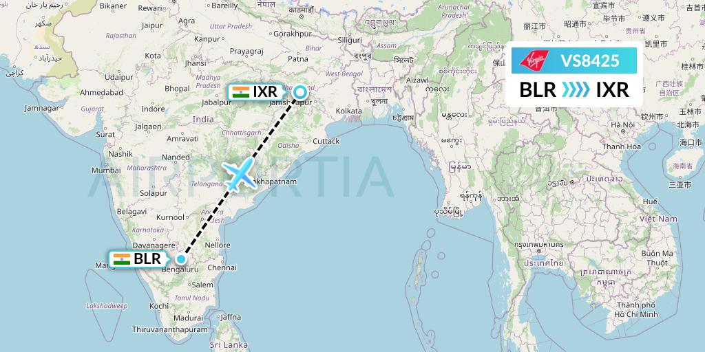 VS8425 Virgin Atlantic Airways Flight Map: Bangalore to Ranchi