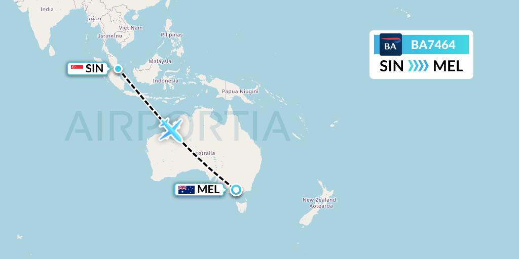 BA7464 British Airways Flight Map: Singapore to Melbourne