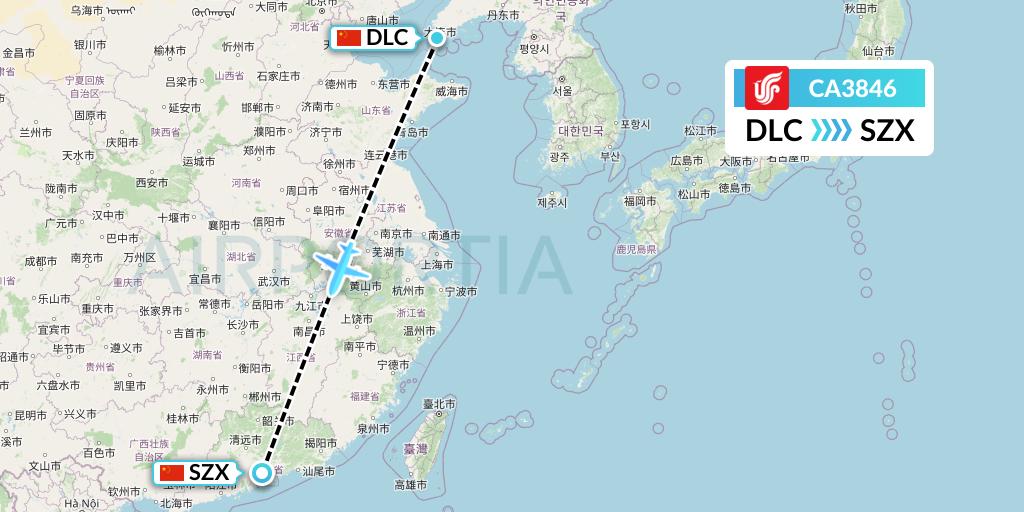 CA3846 Air China Flight Map: Dalian to Shenzhen