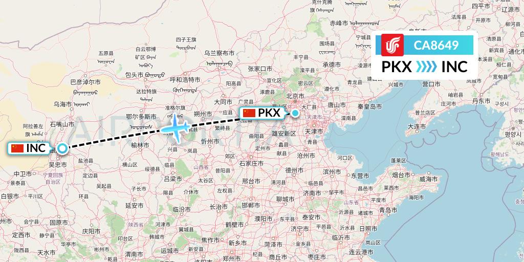 CA8649 Air China Flight Map: Beijing to Yinchuan