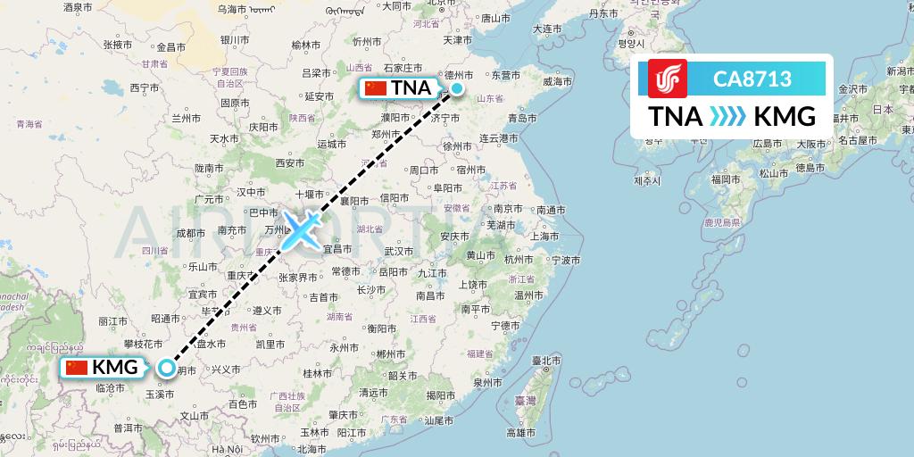 CA8713 Air China Flight Map: Jinan to Kunming