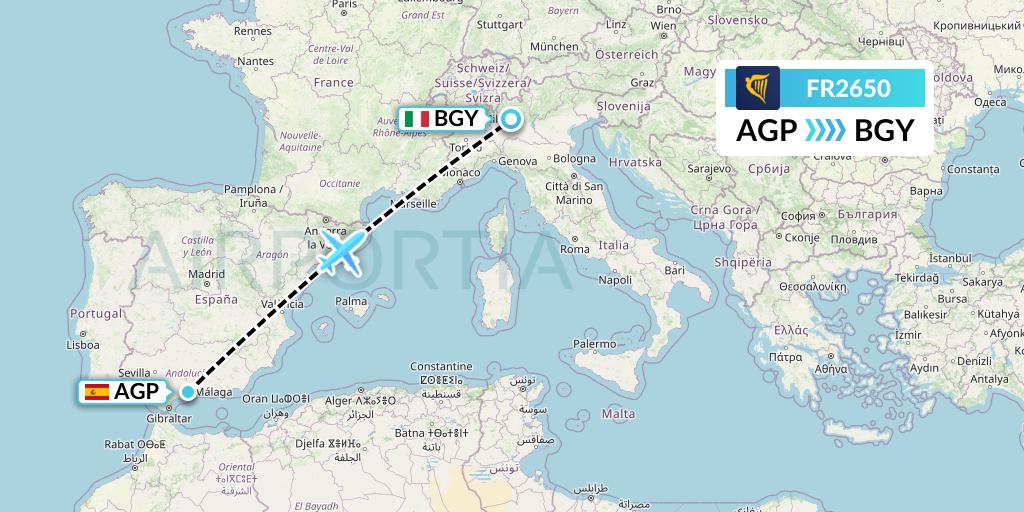 FR2650 Ryanair Flight Map: Malaga to Milan