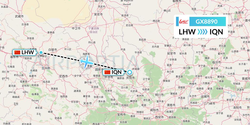 GX8890 GX Airlines Flight Map: Lanzhou to Qingyang