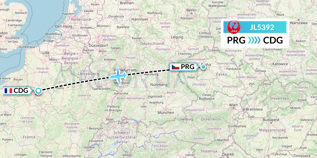 JL5392 Japan Airlines Flight Map: Prague to Paris
