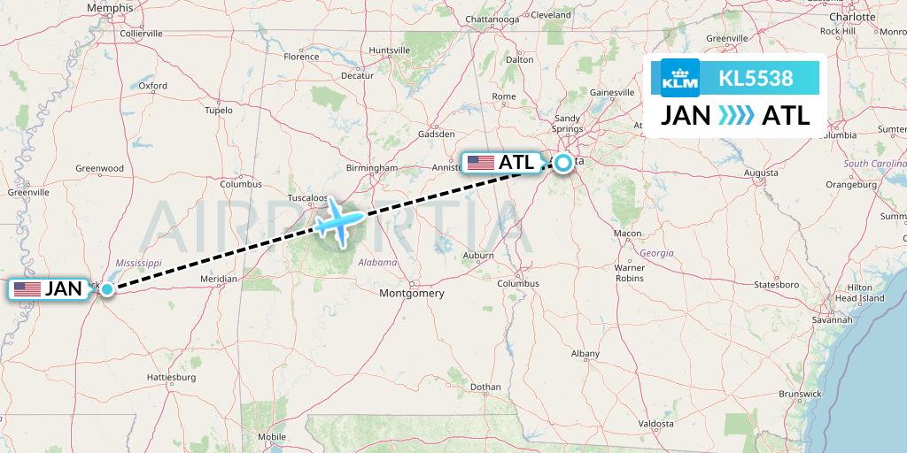 KL5538 KLM Flight Map: Jackson to Atlanta