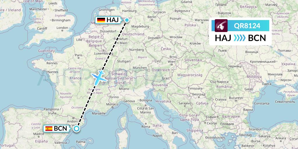 QR8124 Qatar Airways Flight Map: Hannover to Barcelona