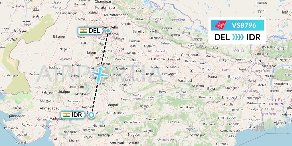 VS8796 Virgin Atlantic Airways Flight Map: Delhi to Indore