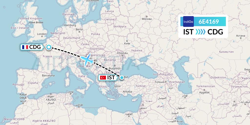 6E4169 IndiGo Airlines Flight Map: Istanbul to Paris