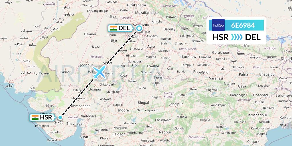 6E6984 IndiGo Airlines Flight Map: Rajkot to Delhi