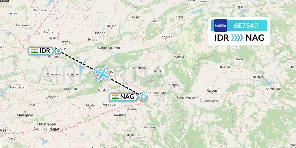 6E7543 IndiGo Airlines Flight Map: Indore to Nagpur