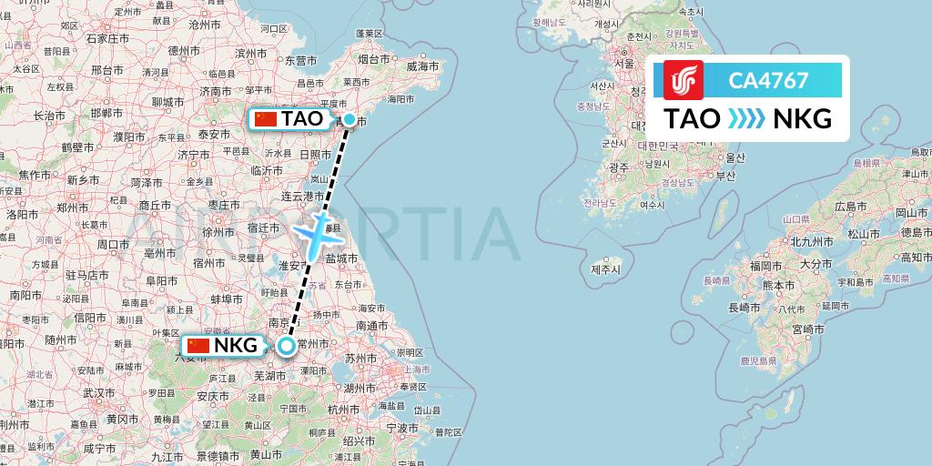 CA4767 Air China Flight Map: Qingdao to Nanjing