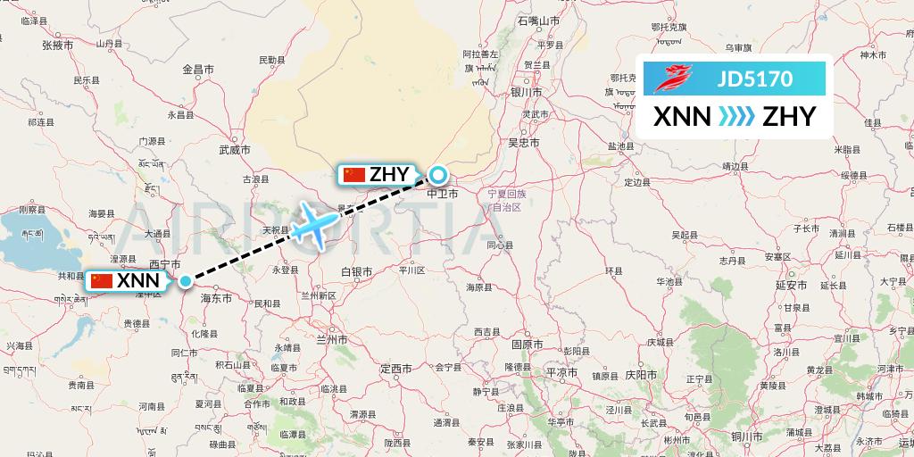JD5170 Capital Airlines Flight Map: Xining to Zhongwei