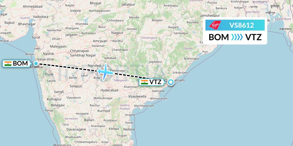 VS8612 Virgin Atlantic Airways Flight Map: Mumbai to Visakhapatnam
