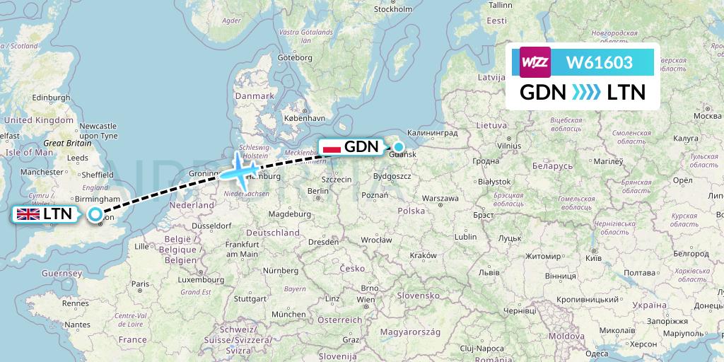 W61603 Wizz Air Flight Map: Gdansk to London