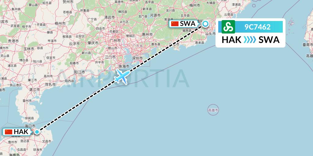 9C7462 Spring Airlines Flight Map: Haikou to Jieyang