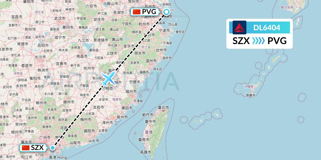 DL6404 Delta Air Lines Flight Map: Shenzhen to Shanghai