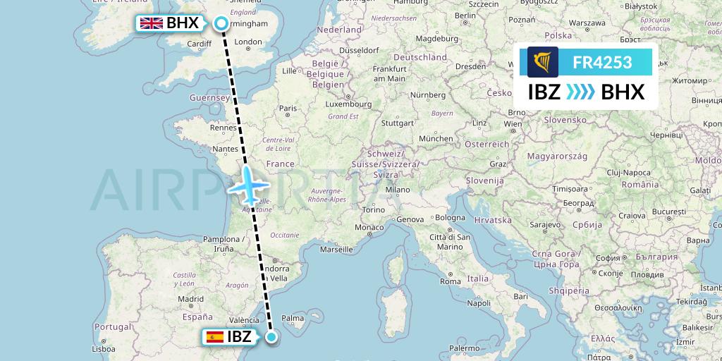 FR4253 Ryanair Flight Map: Ibiza to Birmingham