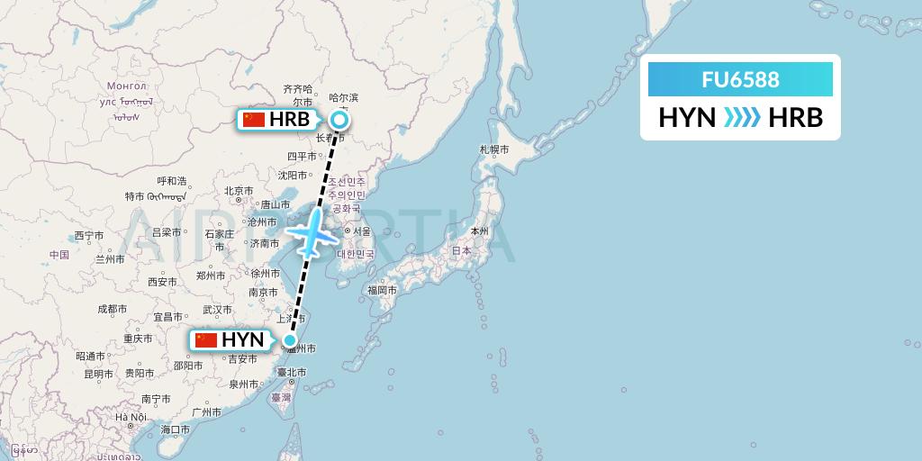 FU6588 Fuzhou Airlines Flight Map: Huangyan to Harbin