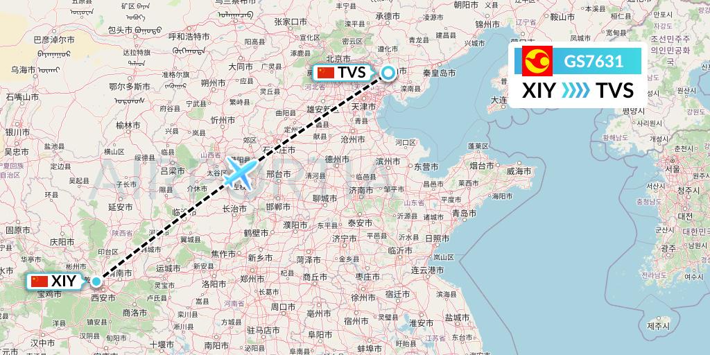 GS7631 Tianjin Airlines Flight Map: Xi'an to Tangshan