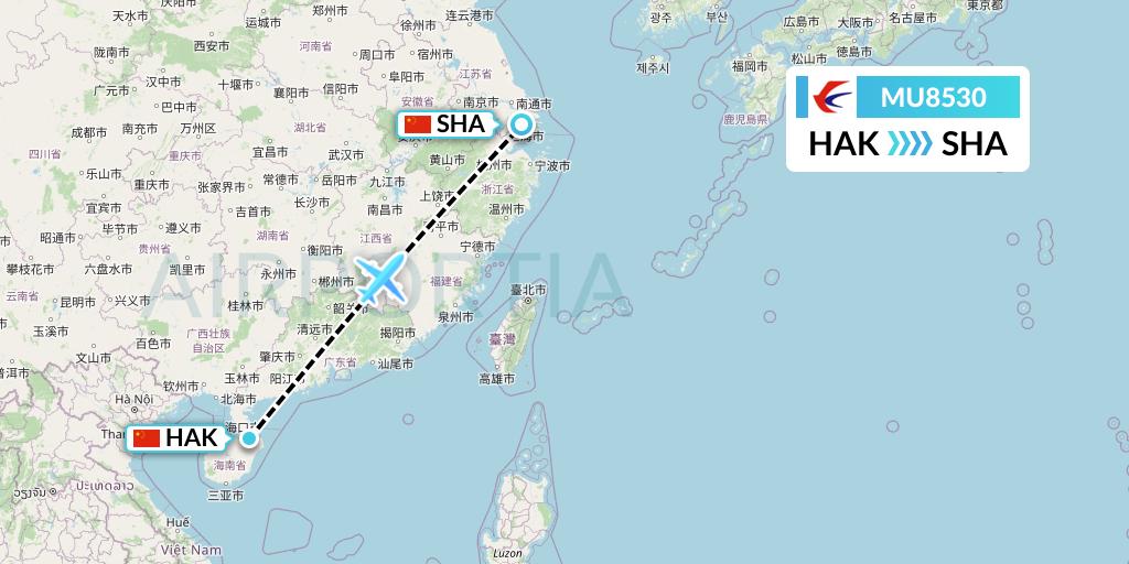 MU8530 China Eastern Airlines Flight Map: Haikou to Shanghai