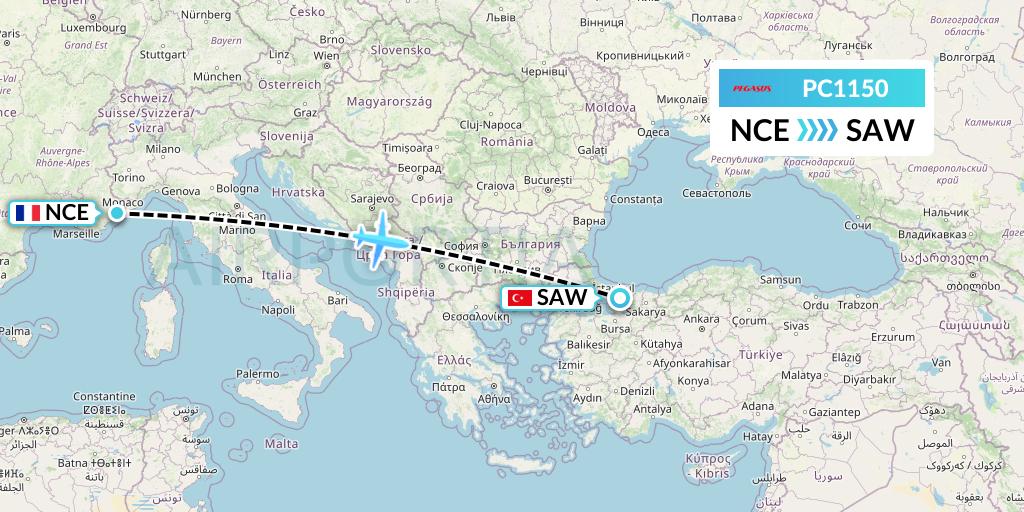 PC1150 Pegasus Airlines Flight Map: Nice to Istanbul