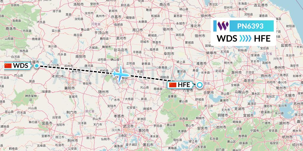 PN6393 China West Air Flight Map: Shiyan to Hefei