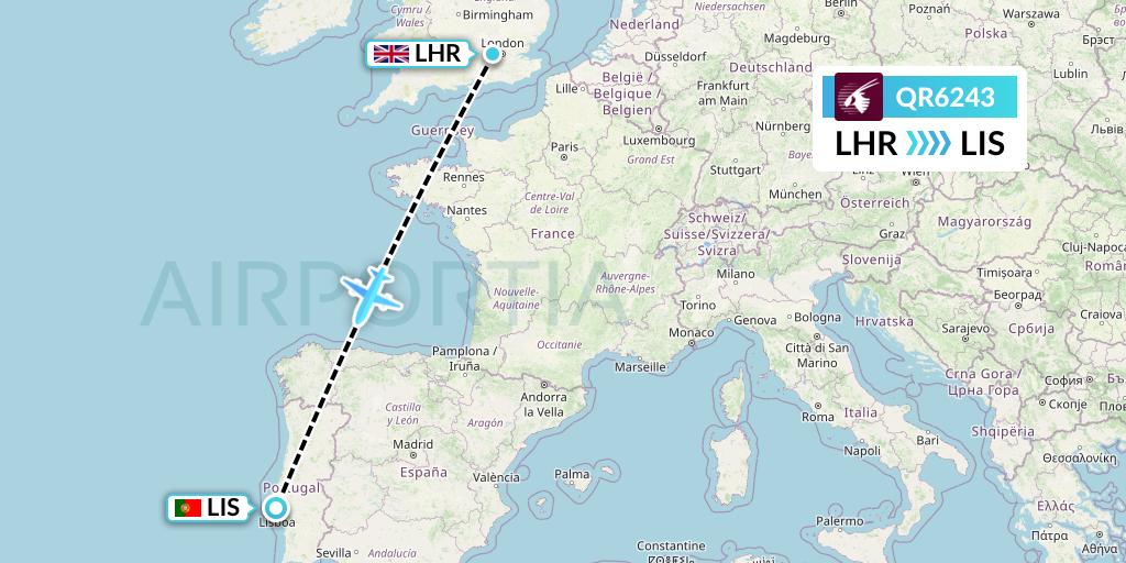 QR6243 Qatar Airways Flight Map: London to Lisbon