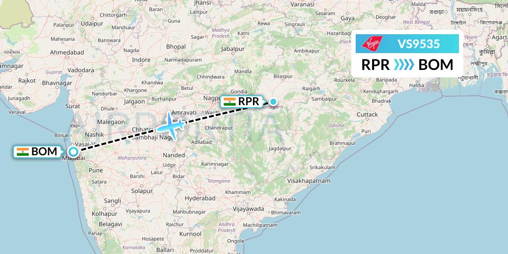 VS9535 Virgin Atlantic Airways Flight Map: Raipur to Mumbai