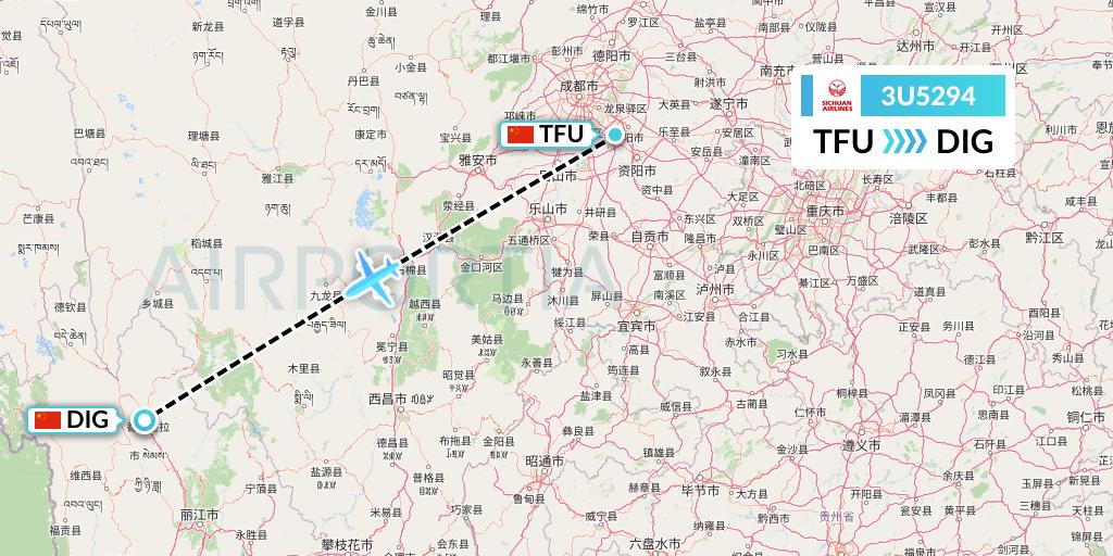3U5294 Sichuan Airlines Flight Map: Chengdu to Shangri-La