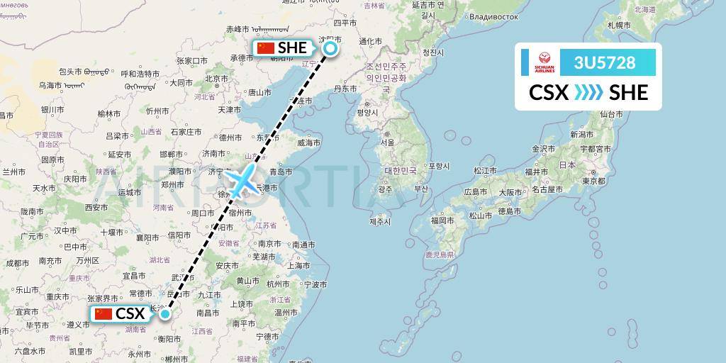 3U5728 Sichuan Airlines Flight Map: Changsha to Shenyang