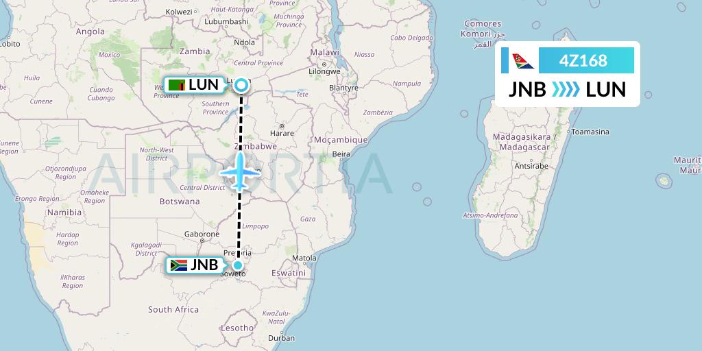 4Z168 Airlink Flight Map: Johannesburg to Lusaka