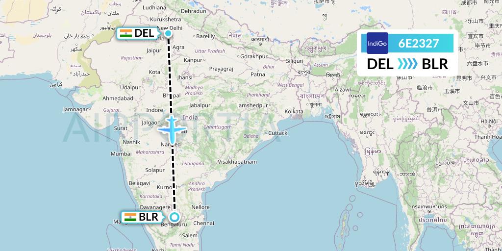 6E2327 IndiGo Airlines Flight Map: Delhi to Bangalore