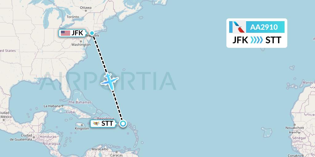AA2910 American Airlines Flight Map: New York to St. Thomas