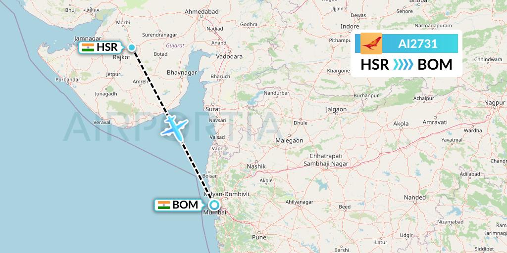 AI2731 Air India Flight Map: Rajkot to Mumbai