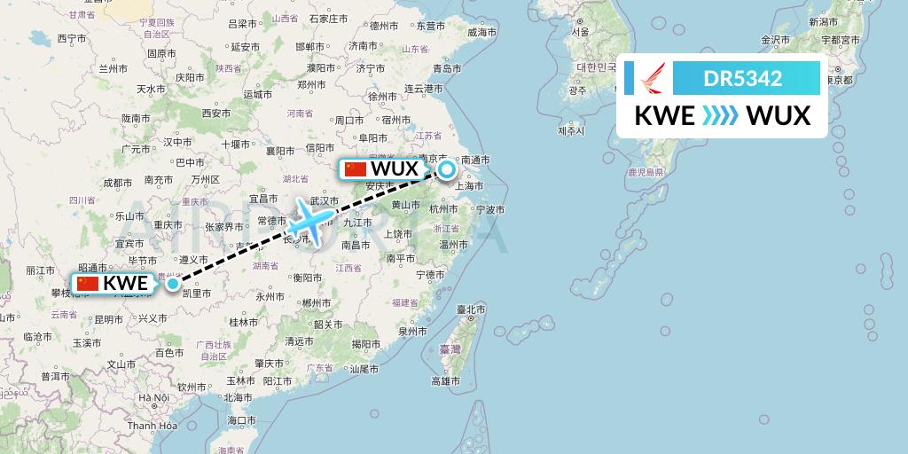 DR5342 Ruili Airlines Flight Map: Guiyang to Wuxi