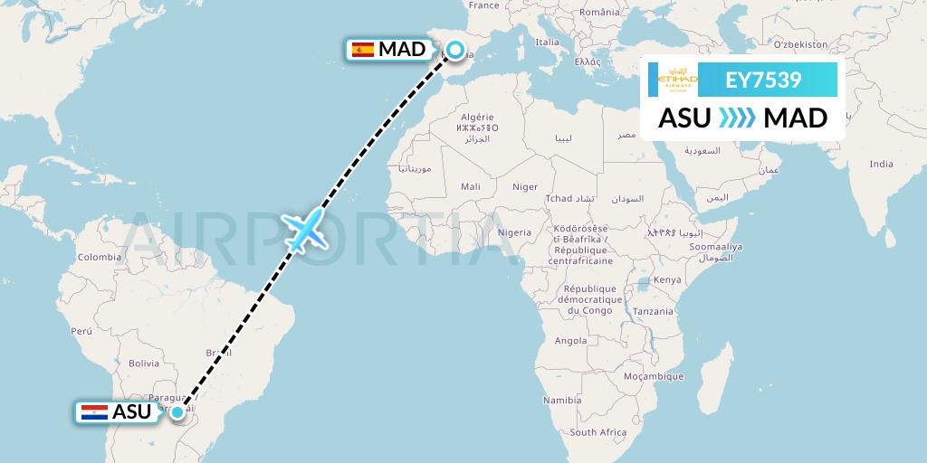 EY7539 Etihad Airways Flight Map: Asuncion to Madrid