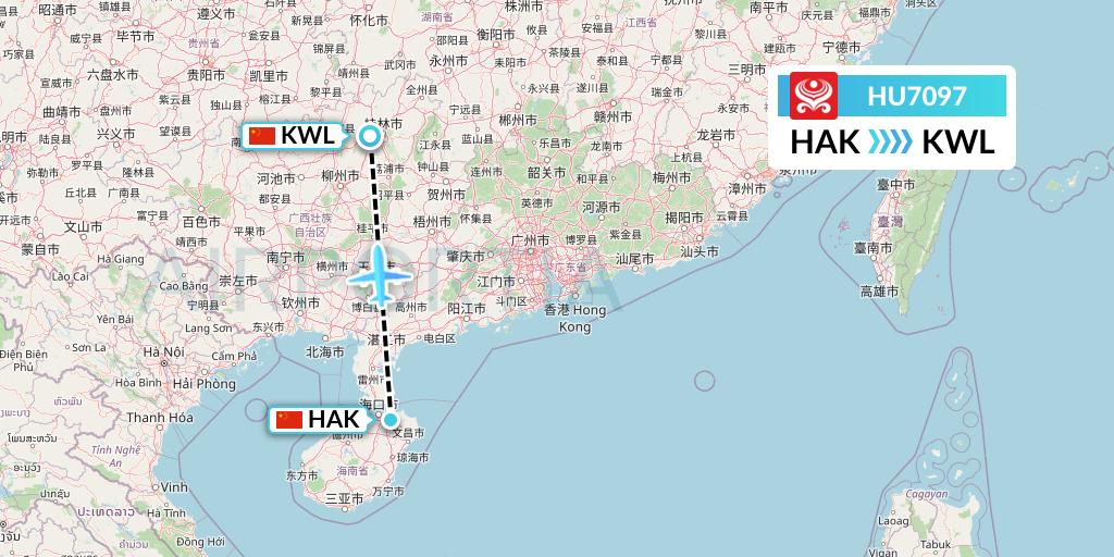 HU7097 Hainan Airlines Flight Map: Haikou to Guilin