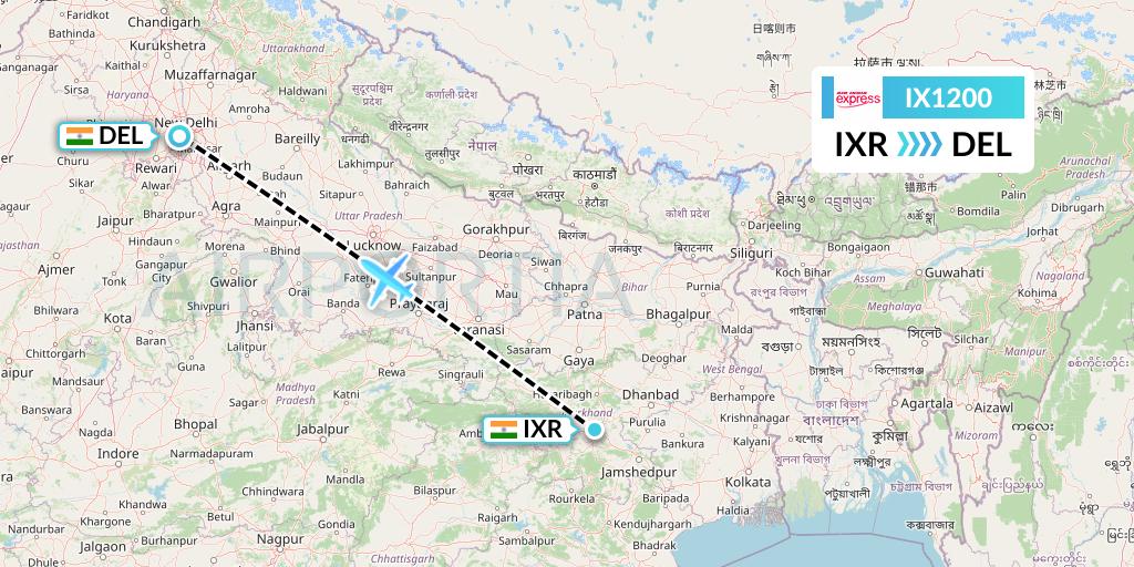 IX1200 Air India Express Flight Map: Ranchi to Delhi